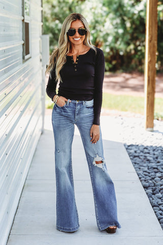 Long Sleeve Snap Henley Top (Washed Black) - Simply Me Boutique
