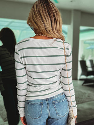 Matcha Striped Longsleeve Henley Top - Simply Me Boutique