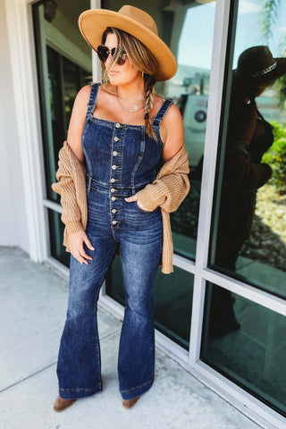 Miranda High Rise Front Button Dark Denim Flare Overalls - Simply Me Boutique