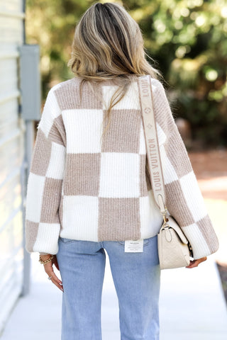 Mocha Checker Crew Neck Sweater - Simply Me Boutique