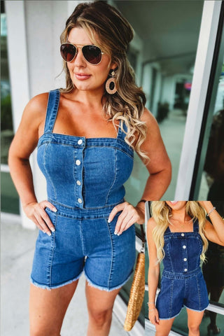 (More colors) Brianna Button Down Square Neck Denim Romper - Simply Me Boutique