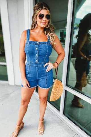 (More colors) Brianna Button Down Square Neck Denim Romper - Simply Me Boutique