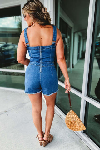 (More colors) Brianna Button Down Square Neck Denim Romper - Simply Me Boutique