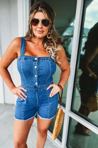 (More colors) Brianna Button Down Square Neck Denim Romper - Simply Me Boutique