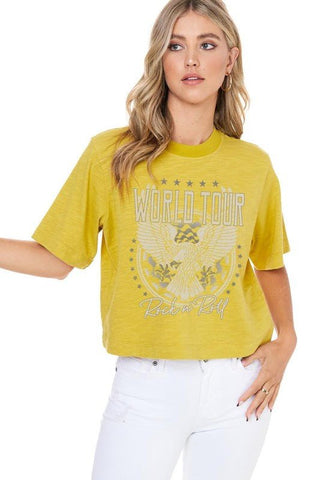 Mustard World Tour Graphic Crop Tee - Simply Me Boutique