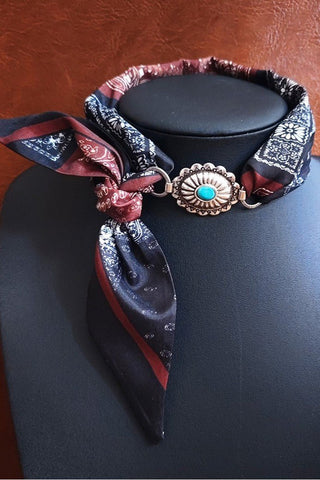 Navy/Brown Paisley Turquoise Scarf Necklace - Simply Me Boutique