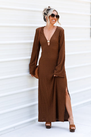 Need an Escape Gold Trim Bell Sleeve Maxi Dress - Simply Me Boutique