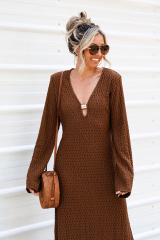 Need an Escape Gold Trim Bell Sleeve Maxi Dress - Simply Me Boutique