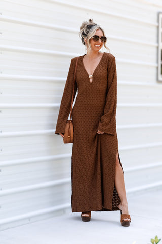 Need an Escape Gold Trim Bell Sleeve Maxi Dress - Simply Me Boutique