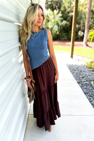 Need It Now Asymmetrical Denim Top (Med Wash) - Simply Me Boutique