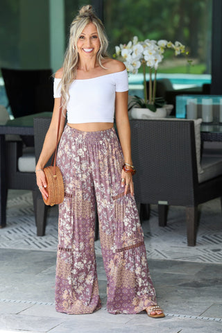 Neutral Blooms Wide Leg Pants - Simply Me Boutique