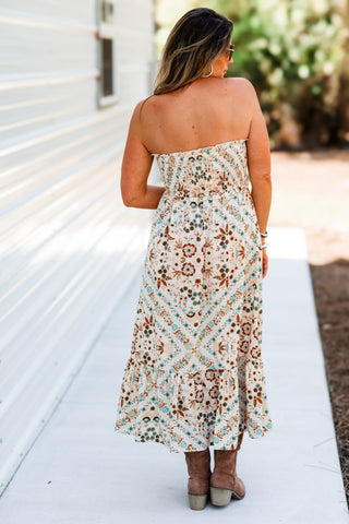 Neutral Oasis Strapless Boho Midi Dress - Simply Me Boutique