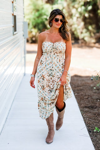 Neutral Oasis Strapless Boho Midi Dress - Simply Me Boutique
