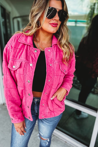 No More Wasting Time Garment Stone Washed Hot Pink Quilted Jacket - Simply Me Boutique