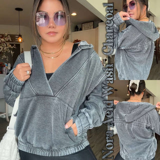 *Nora Acid Wash V Neck Hoodie - 4 Colors - Simply Me Boutique
