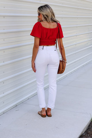 Oasis Icon Ruched Front Crop Top (Red) - Simply Me Boutique