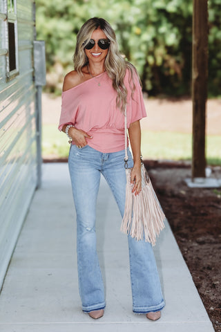 Off Duty Chic One Shoulder Ruched Waist Top (Pink) - Simply Me Boutique