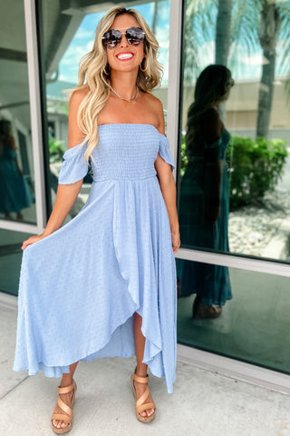 Oh Darling Off Shoulder Swiss Dot Smocked Midi Dress - Simply Me Boutique