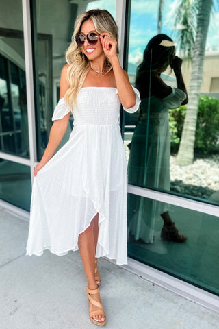 Oh Darling Off Shoulder Swiss Dot Smocked Midi Dress - Simply Me Boutique