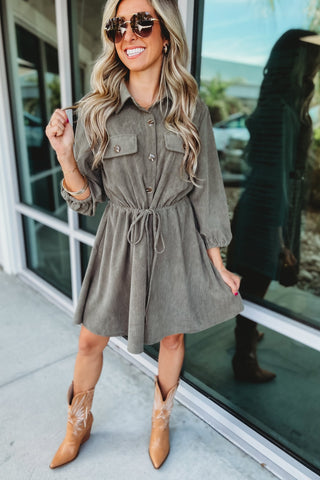 Olive Corduroy 3/4 Sleeve Dress - Simply Me Boutique