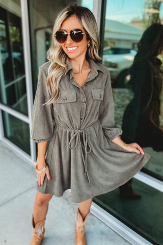 Olive Corduroy 3/4 Sleeve Dress - Simply Me Boutique