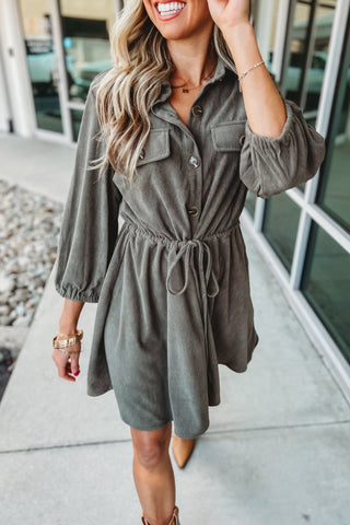 Olive Corduroy 3/4 Sleeve Dress - Simply Me Boutique