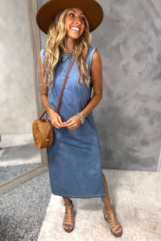 On Repeat Mineral Washed Muscle Tank Blue Midi Dress - Simply Me Boutique