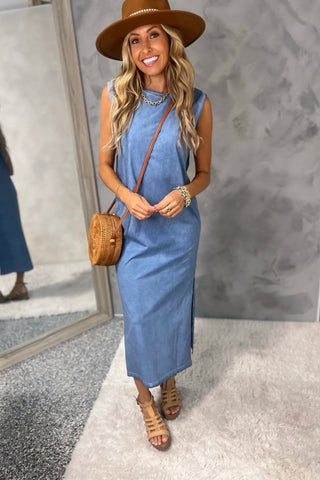 On Repeat Mineral Washed Muscle Tank Blue Midi Dress - Simply Me Boutique