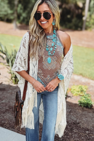 One Size Embroidered Fringe Cream Kimono - Simply Me Boutique