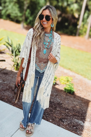 One Size Embroidered Fringe Cream Kimono - Simply Me Boutique