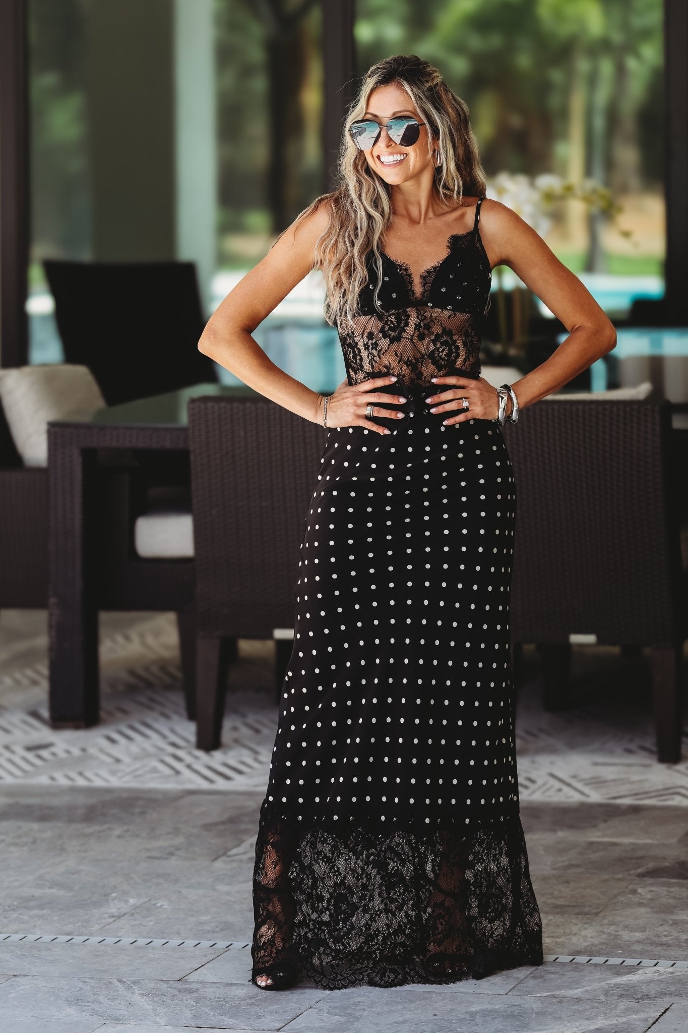 Paris Nights Lace Polka Dot Maxi Dress