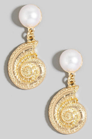 Pearl Stud And Sea Shell Charm Earrings (Gold, Rhodium) - Simply Me Boutique