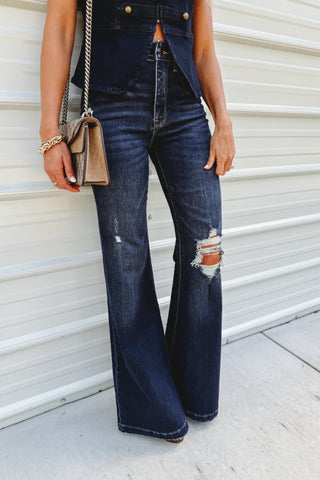Petra153 Candace Super High Rise Distressed Flare Jeans (Dark Wash) - Simply Me Boutique