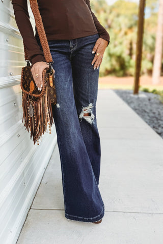 Petra153 Candace Super High Rise Distressed Flare Jeans (Dark Wash) - Simply Me Boutique