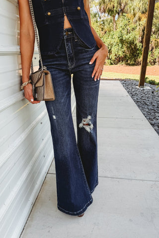 Petra153 Candace Super High Rise Distressed Flare Jeans (Dark Wash) - Simply Me Boutique