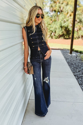Petra153 Candace Super High Rise Distressed Flare Jeans (Dark Wash) - Simply Me Boutique