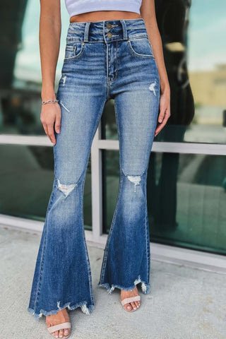 PETRA153 Kaitlyn High Rise Distressed Frayed Hem Super Flare Jeans - Simply Me Boutique