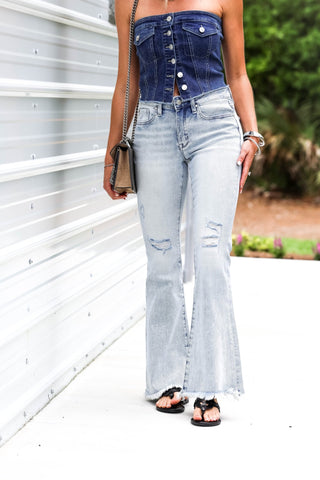 PETRA153 Willow Mid Rise Acid Wash Frayed Hem Flare Jeans - Simply Me Boutique