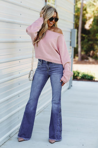 Pink Cropped Boat Neck Sweater - Simply Me Boutique
