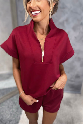 Play it Again Cabernet Scuba Half Zip Top - Simply Me Boutique