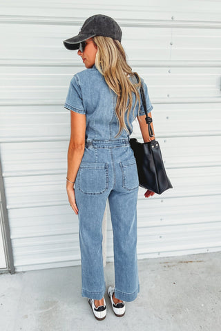 (PREORDER) KANCAN Chantelle Straight Leg Cropped Medium Blue Denim Jumpsuit - Simply Me Boutique