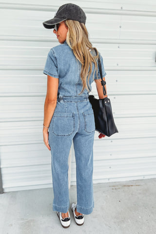 (PREORDER) KANCAN Chantelle Straight Leg Cropped Medium Blue Denim Jumpsuit - Simply Me Boutique