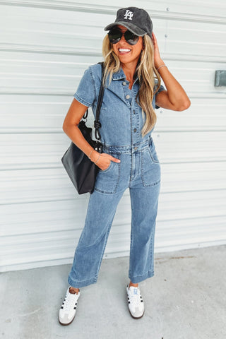 (PREORDER) KANCAN Chantelle Straight Leg Cropped Medium Blue Denim Jumpsuit - Simply Me Boutique