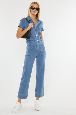 (PREORDER) KANCAN Chantelle Straight Leg Cropped Medium Blue Denim Jumpsuit - Simply Me Boutique