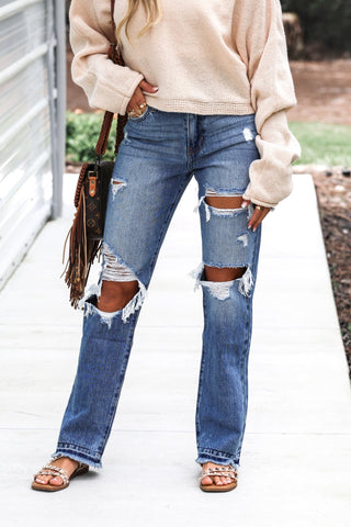 (PREORDER) KANCAN Millie High Rise Rigid Distressed Straight Jeans - Simply Me Boutique