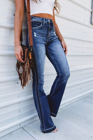 (PREORDER) KANCAN Morgan High Rise Two Tone Flare Jeans - Simply Me Boutique