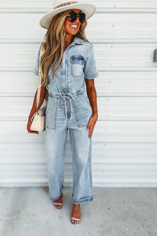 (PREORDER) KANCAN Penelope Light Wash Denim Overalls Jumpsuit - Simply Me Boutique