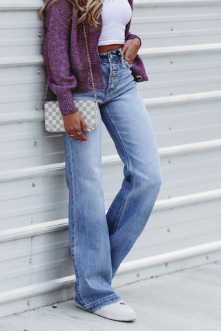 (PREORDER) KANCAN Roxy Super High Rise Button Fly Flare Jeans - Simply Me Boutique