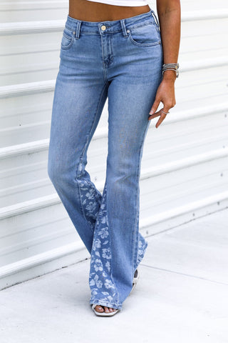 (PREORDER) Lily Mid Rise Floral Flare Jeans - Simply Me Boutique