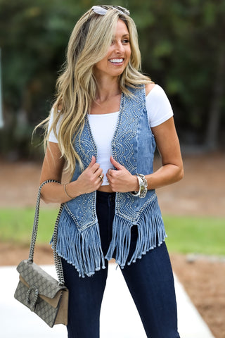(Preorder Ships 10 days) Kancan Fringe Denim Vest - Simply Me Boutique